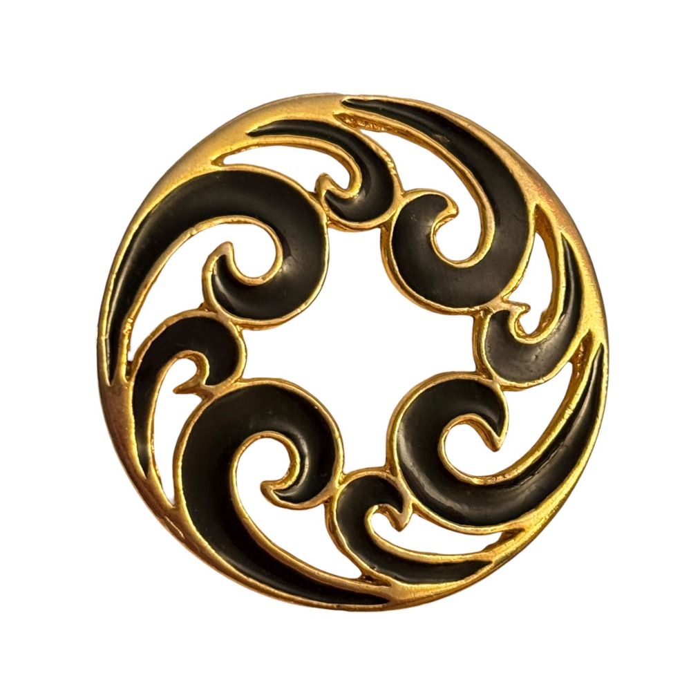 Vintage Gold Tone Black Enamel Swirl Wave‎ Circle Brooch Pin Round Openwork